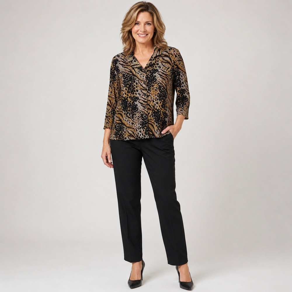 Vintage JM Collection Button Front Shirt XL Black Brown Animal Print Mob Wife